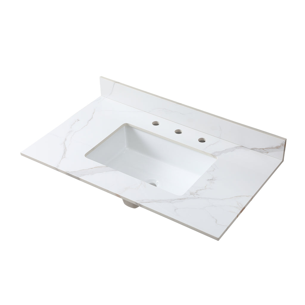 Montary 37inch bathroom vanity top stone carrara gold new style tops with rectangle undermount ceramic sink and 3 faucet hole for bathroom cabinet - Grand Goldman Shop