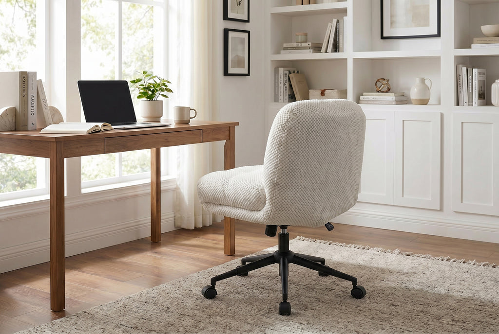Cross Legged Office Chair No Arms, Adjustable Swivel Wider & Thickened, Ergonomic Desk Chair for Home Office, Vanity,White - 
