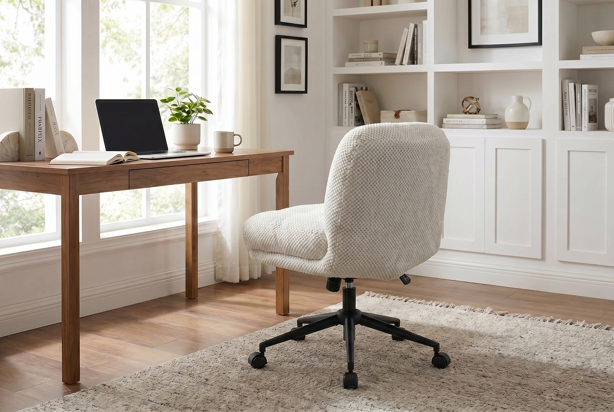 Cross Legged Office Chair No Arms, Adjustable Swivel Wider & Thickened, Ergonomic Desk Chair for Home Office, Vanity,White - 
