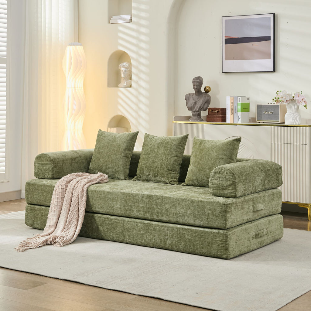 Comfy Convertible Folding Mattress Couch, Floor Sofa Bed, Chenille Floor Sofa with Armrest, Floor Sofa Lounge Couch for Living Room Bedroom Lounge Studio-Green - Grand Goldman Shop