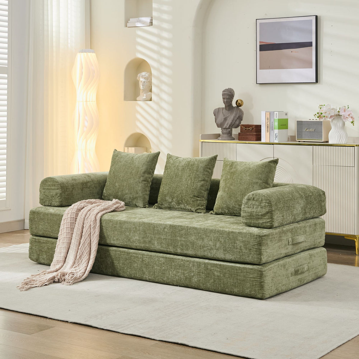 Comfy Convertible Folding Mattress Couch, Floor Sofa Bed, Chenille Floor Sofa with Armrest, Floor Sofa Lounge Couch for Living Room Bedroom Lounge Studio-Green - Grand Goldman Shop