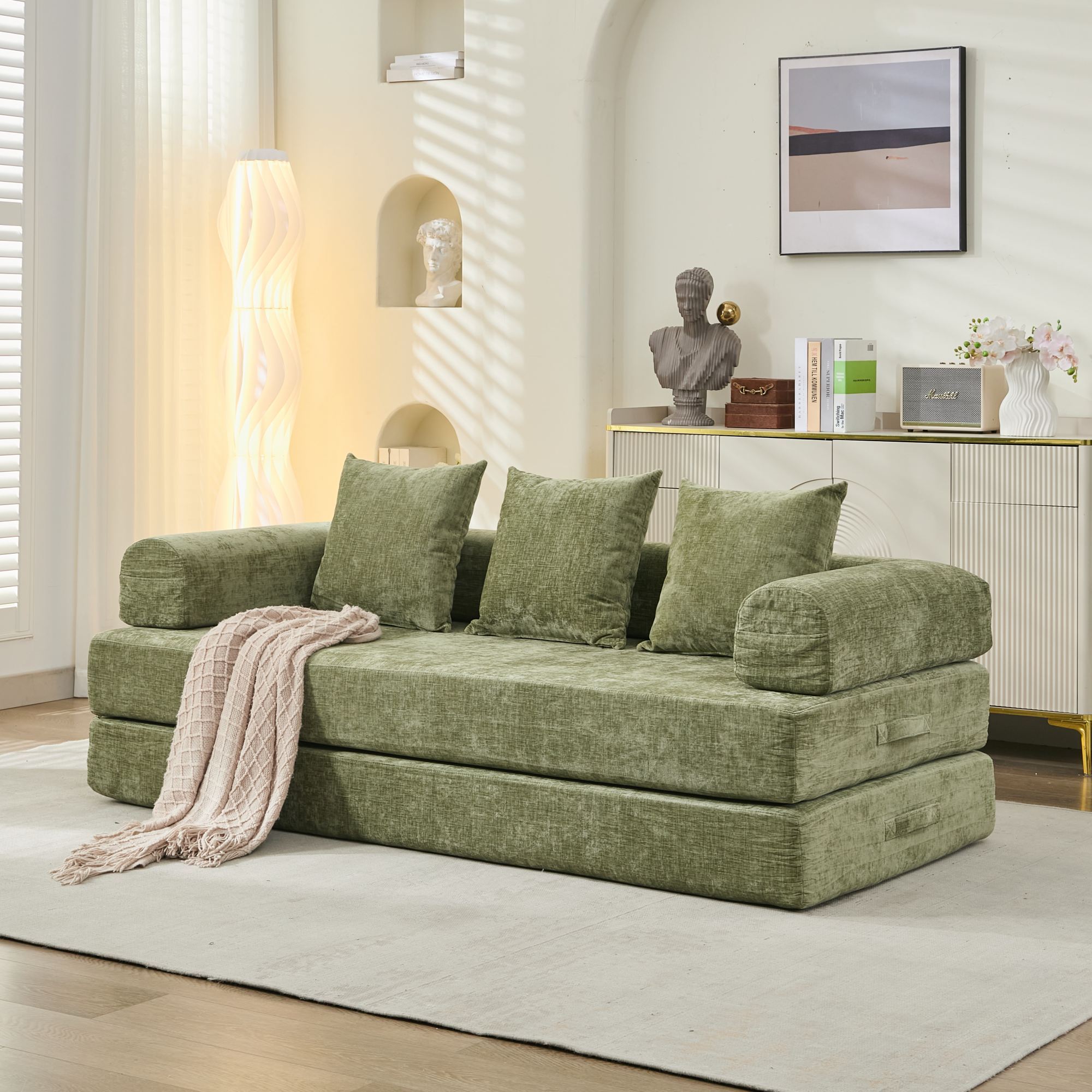Comfy Convertible Folding Mattress Couch, Floor Sofa Bed, Chenille Floor Sofa with Armrest, Floor Sofa Lounge Couch for Living Room Bedroom Lounge Studio-Green - Grand Goldman Shop