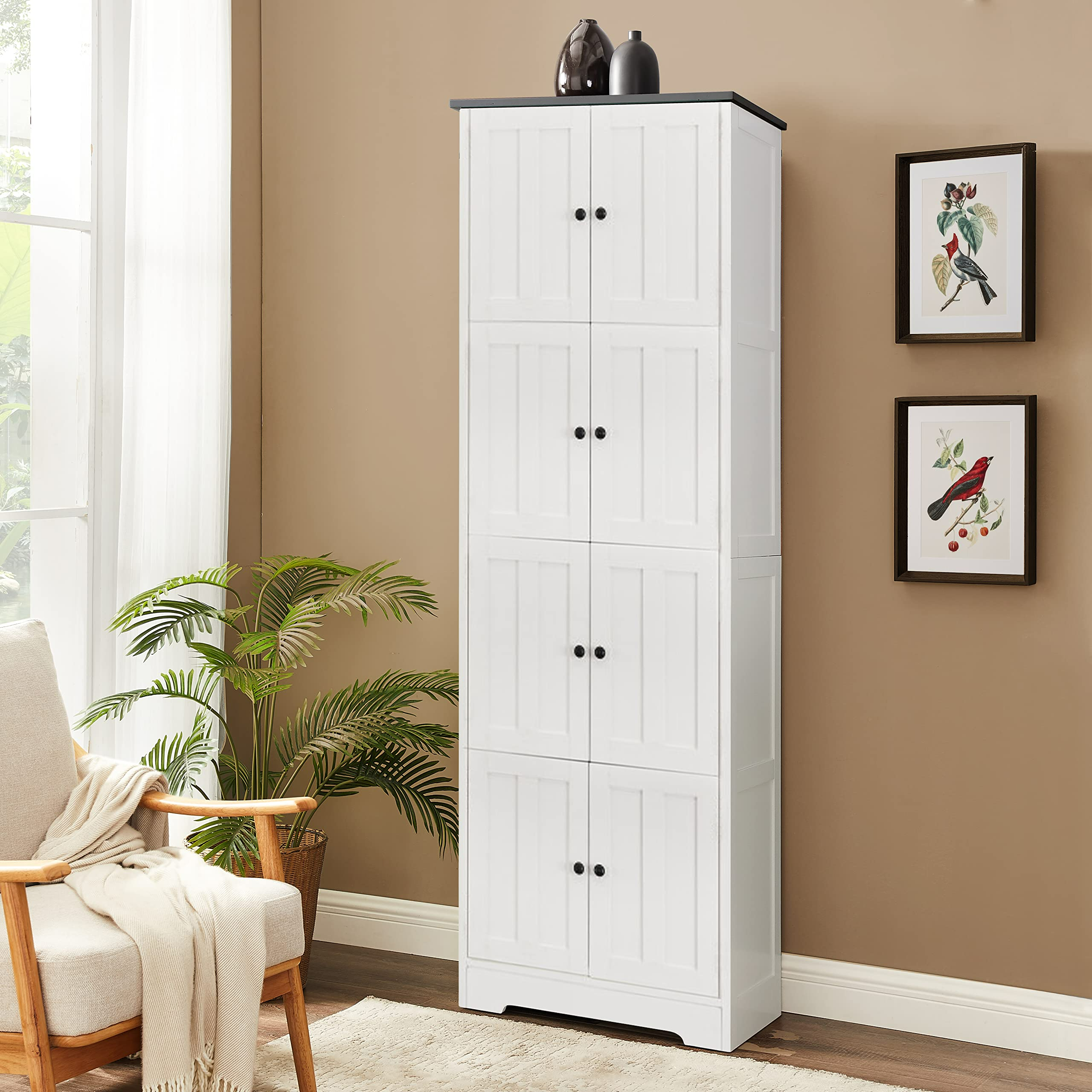 Tall Storage Cabinet with 8 Doors and 4 Shelves, Wall Storage Cabinet for Living Room, Kitchen, Office, Bedroom, Bathroom, White - Grand Goldman Shop