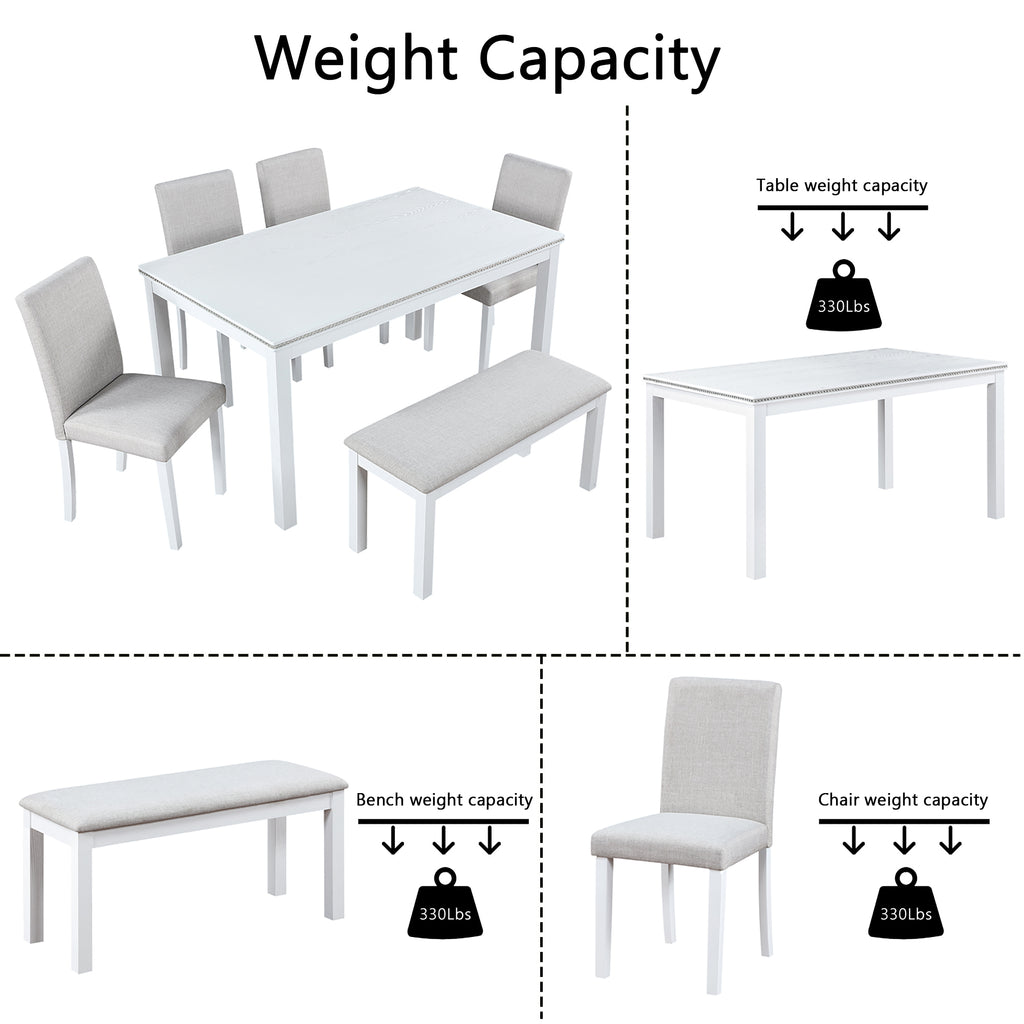 6 Piece Wooden Dining Table Set, Wooden Dining Table with 4 Upholstered Chairs and Bench for 6 People, Rectangular Dining Table Set with Crystal Decoration for Kitchen, Dining Room, White - Grand Goldman Shop