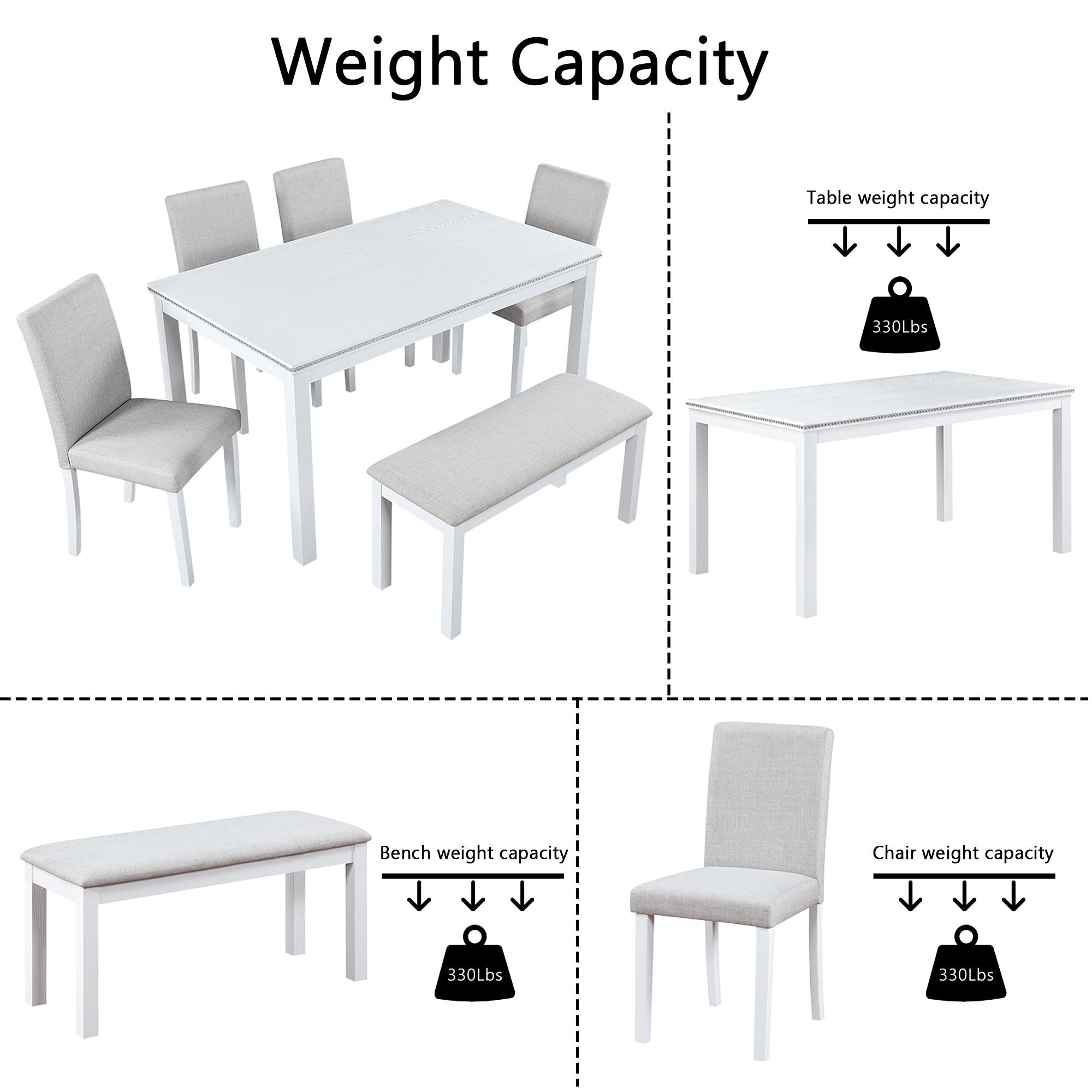 6 Piece Wooden Dining Table Set, Wooden Dining Table with 4 Upholstered Chairs and Bench for 6 People, Rectangular Dining Table Set with Crystal Decoration for Kitchen, Dining Room, White - Grand Goldman Shop