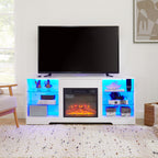 TV Stand Electric Fireplace  Glass Shelves, 3D Fireplace TV Stand with LED Lights Wood with USB Charging Outlet Modern Television Table Center for TV up to 62' White, 58''W*15.4''D*24.6 - Grand Goldman Shop