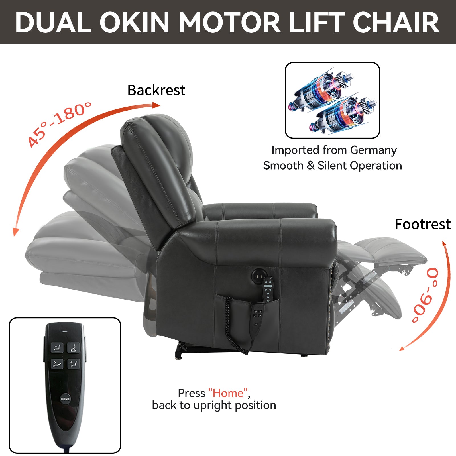 Power Lift Recliner Chair Heat Massage Dual Motor Infinite Position Up to 350 LBS, Faux Leather, Heavy Duty Motion Mechanism with USB Ports, Grey - Grand Goldman Shop
