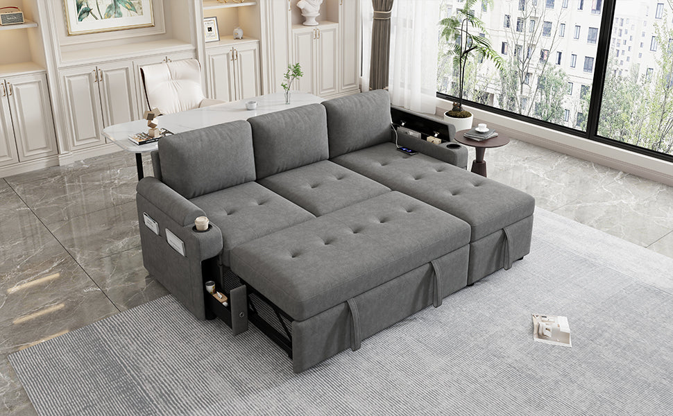 Modern L-shaped Convertible Sofa Bed with Storage, Cup Holders, USB Ports, Gray Chenille, 83.5' - Grand Goldman Shop