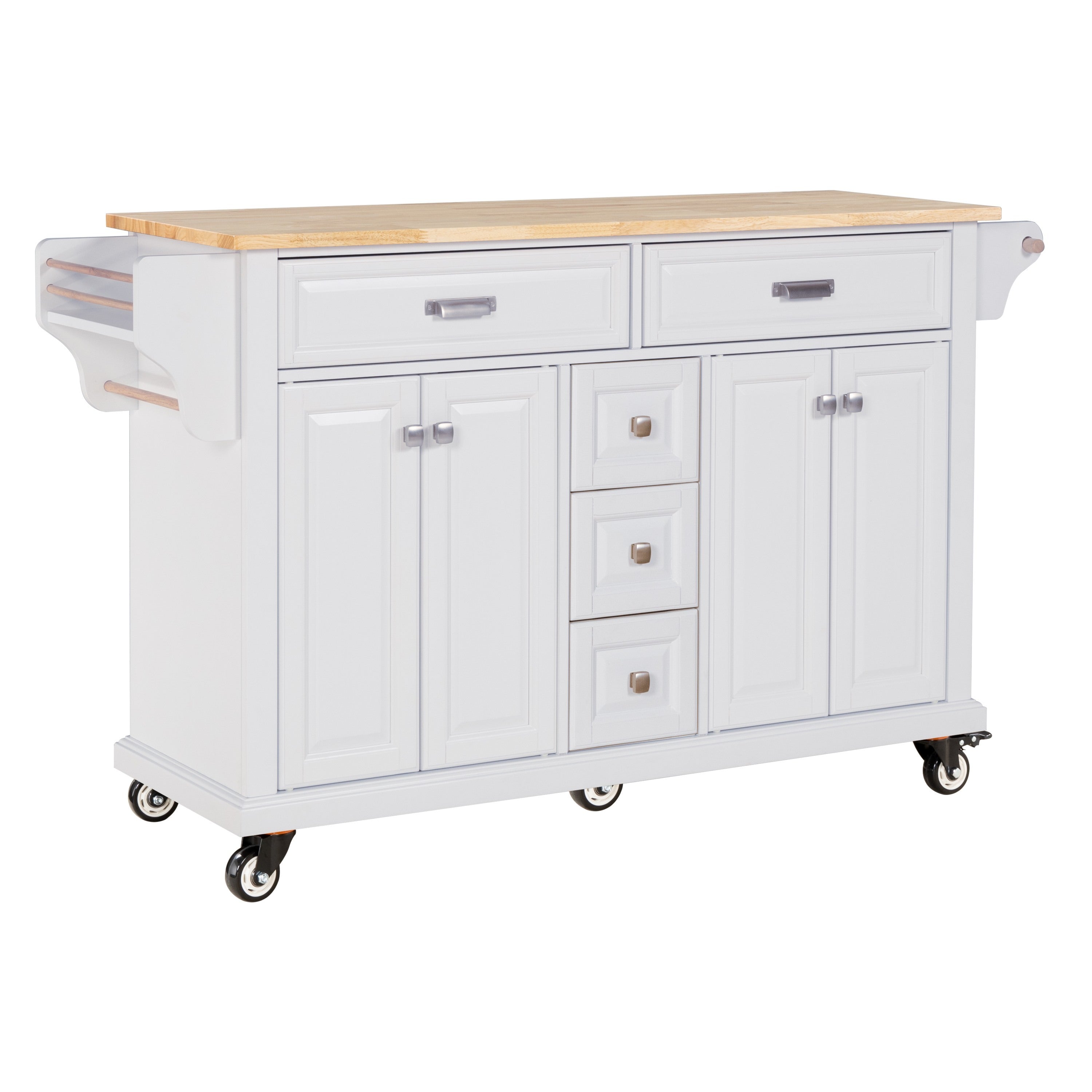 Kitchen Island with Rubber wood Countertop, Kitchen Cart on 5 Wheels with Storage Cabinet and 5 Drawers for Dinning Room, White - Grand Goldman Shop