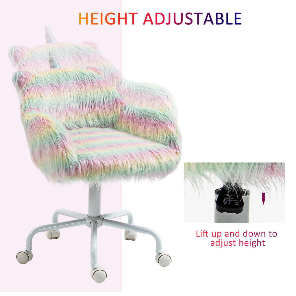 HOMCOM Fluffy Unicorn Office Chair with Mid-Back and Armrest Support, 5 Star Swivel Wheel White Base, Rainbow - Grand Goldman