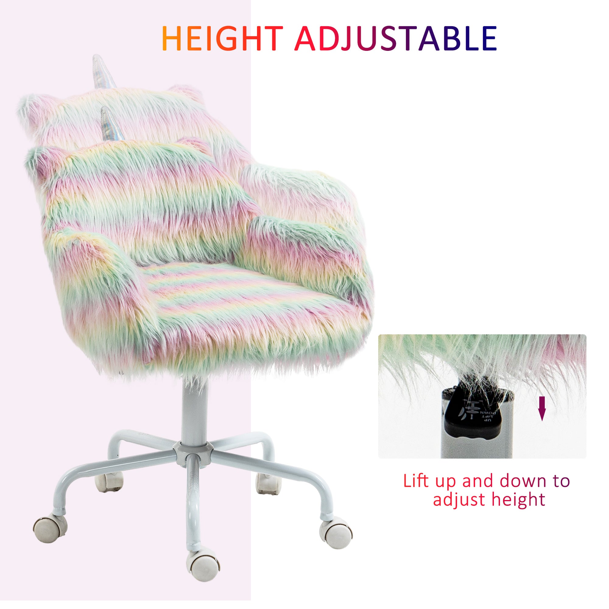 HOMCOM Fluffy Unicorn Office Chair with Mid-Back and Armrest Support, 5 Star Swivel Wheel White Base, Rainbow - Grand Goldman