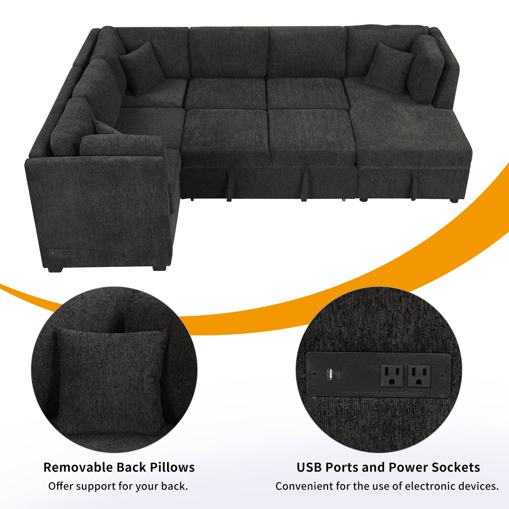 U-shaped Sectional Sofa Pull Out Bed with USB Ports, Power Sockets, Back Pillows & Storage Chaise, Black Chenille, 108.6' - Grand Goldman Shop