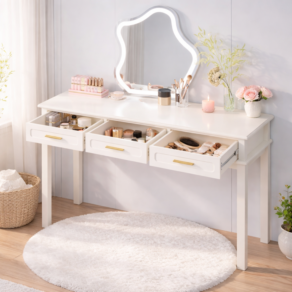 Cream White Vanity Desk with 3 Drawers, Modern Makeup Table or Writing Desk, Multipurpose Dressing Table for Bedroom, No Mirror Included - Grand Goldman Shop