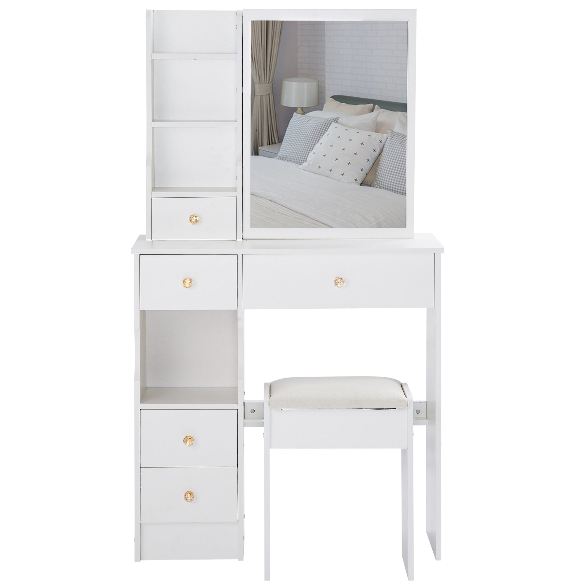 29.2' Small Space Left Drawer Desktop Vanity Table + Cushioned Stool, Extra Large Right sliding mirror, Multi Layer High Capacity Storage, Practical Fashionable Dresser, Suitable For Small Space - Grand Goldman Shop