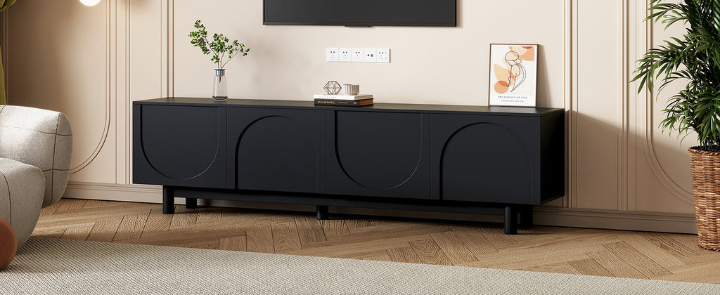 ON-TREND Graceful TV Stand with Arch Cabinets for TVs Up to 78'', Minimalist Entertainment Center with Solid Wood Legs, Practical Media Console with Adjustable Shelves for Living Room, Black - Grand Goldman Shop