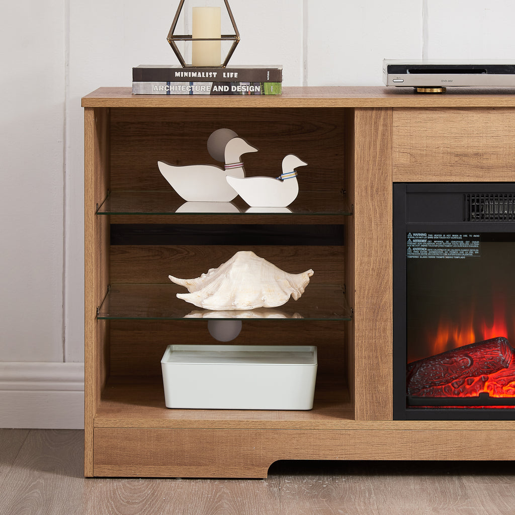 TV Stand Electric Fireplace  Glass Shelves, 3D Fireplace TV Stand with LED Lights Wood with USB Charging Outlet Modern Television Table Center for TV up to 62' OAK 58''W*15.4''D*24.6 - Grand Goldman Shop
