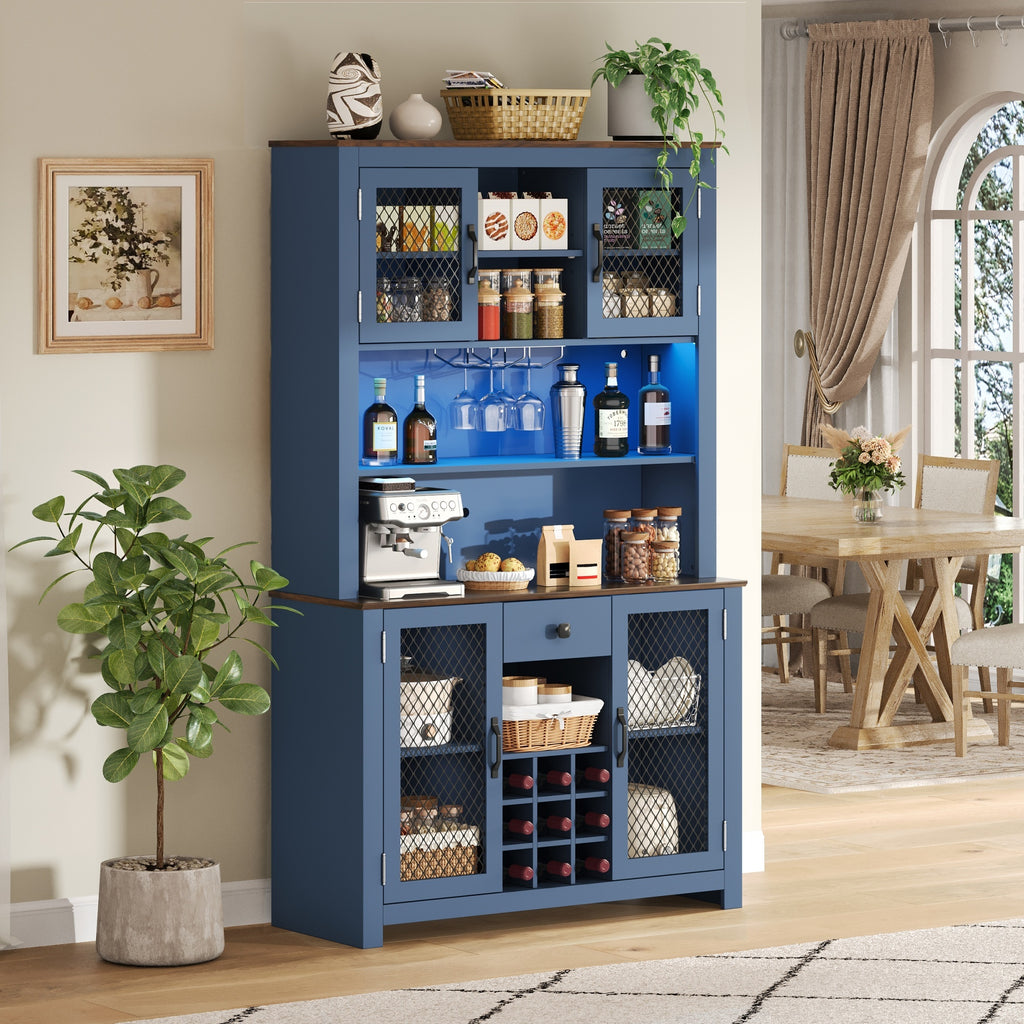 70.9' Kitchen Pantry Storage Cabinet Rustic Buffet Cabinet, Kitchen Hutch Cabinet with LED Outlets Food Pantry Cabinet with Doors and Shelves Wine Rack for Dining Room, Navy Blue - Grand Goldman Shop
