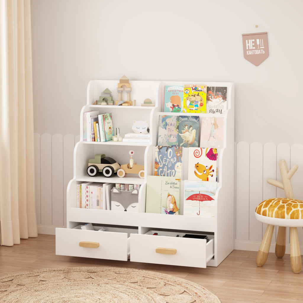Kids Bookshelf with 2 Storage Drawers, Front-Facing Children's Bookcase and Toy Organizer, Multi-Tier Reading Shelf for Toddl