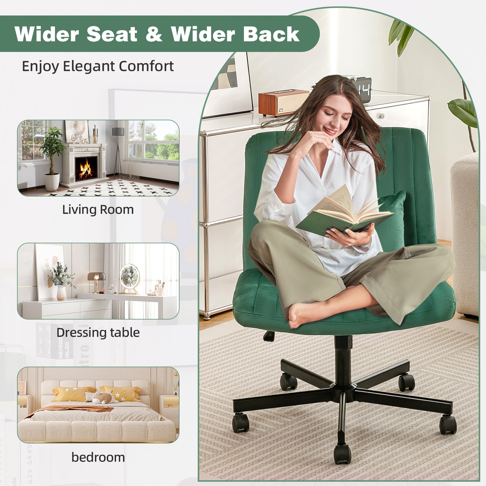 Green Velvet Criss Cross Armless Office Chair with Wheels - Comfortable & Stylish for Home Office, Meditation, and Makeup Use