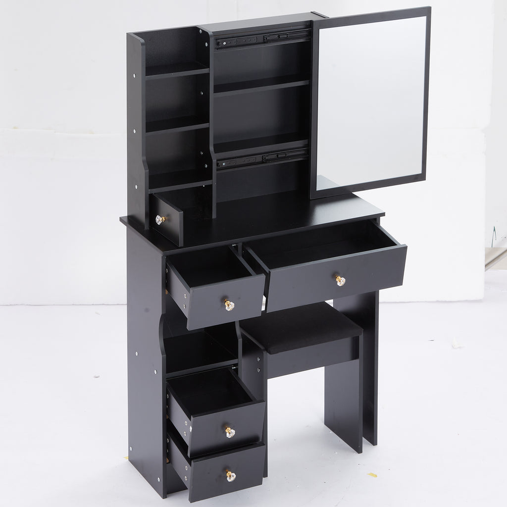 29.2' Small Space Left Drawer Desktop Vanity Table + Cushioned Stool, Extra Large Right sliding mirror, Multi Layer High Capacity Storage, Practical Fashionable Dresser, EPA, GCC, UL Certificate - Grand Goldman Shop