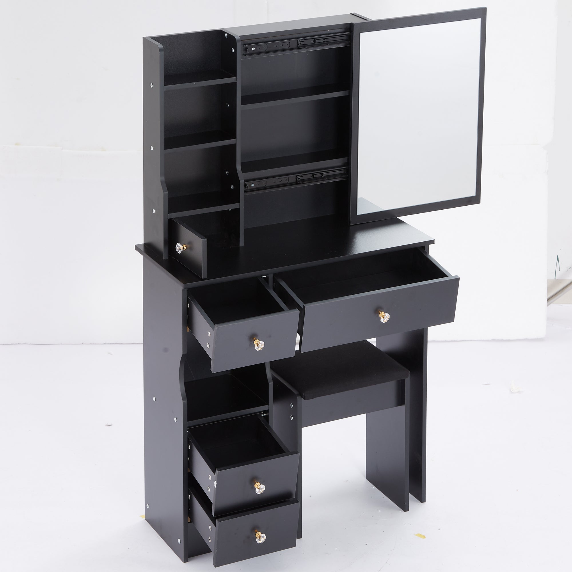 29.2' Small Space Left Drawer Desktop Vanity Table + Cushioned Stool, Extra Large Right sliding mirror, Multi Layer High Capacity Storage, Practical Fashionable Dresser, EPA, GCC, UL Certificate - Grand Goldman Shop