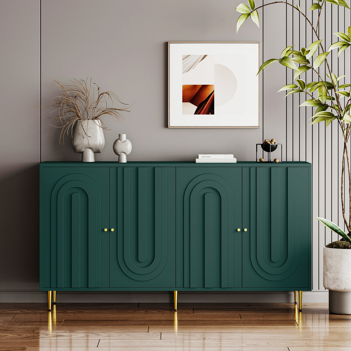 Modern Green Lacquered 4 Door Wooden Cabinet Sideboard Buffet Server Cabinet Storage Cabinet, for Living Room, Entryway, Hallway, Office, Kitchen and Dining Room - Grand Goldman Shop