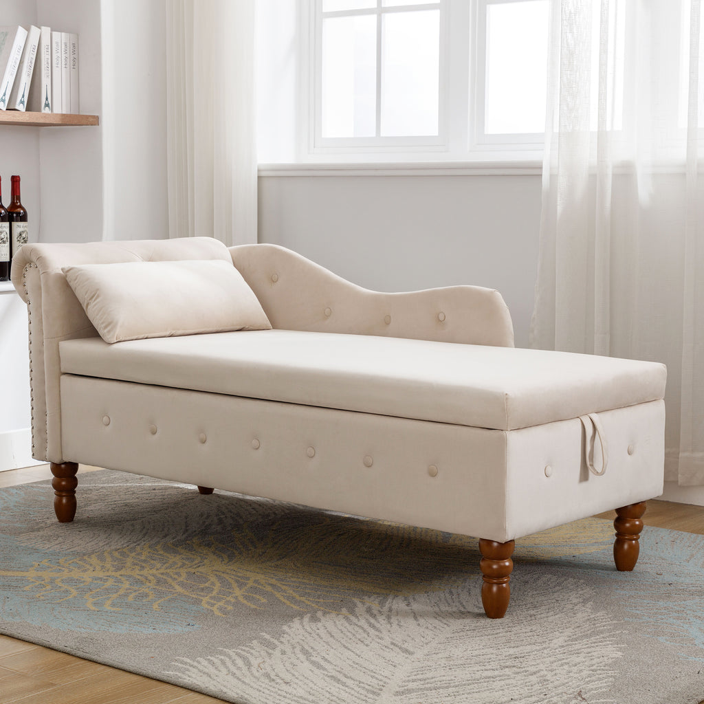 Beige Chaise Lounge Indoor, Velvet Lounge Chair for Bedroom with Storage & Pillow, Modern Upholstered Rolled Arm Chase Lounge for Sleeping with Nailhead Trim for Living Room Bedroom Office - Grand Goldman Shop