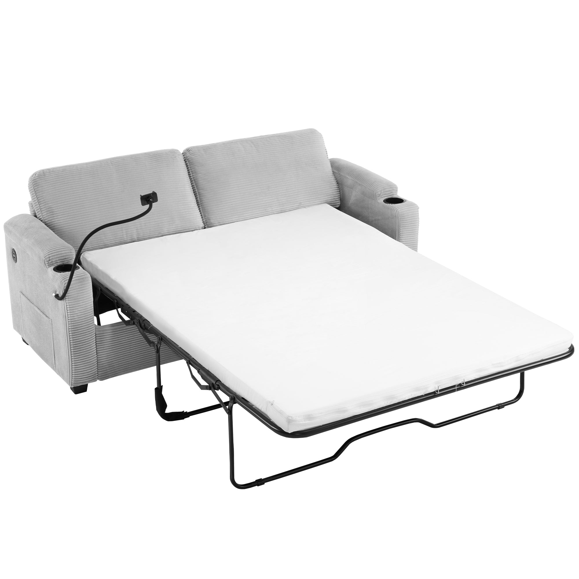 Corduroy Sleeper Sofa Loveseat with Full Size Mattress, USB Ports, Cup Holders, Side Pockets, and Phone Holder, Grey - Grand Goldman Shop