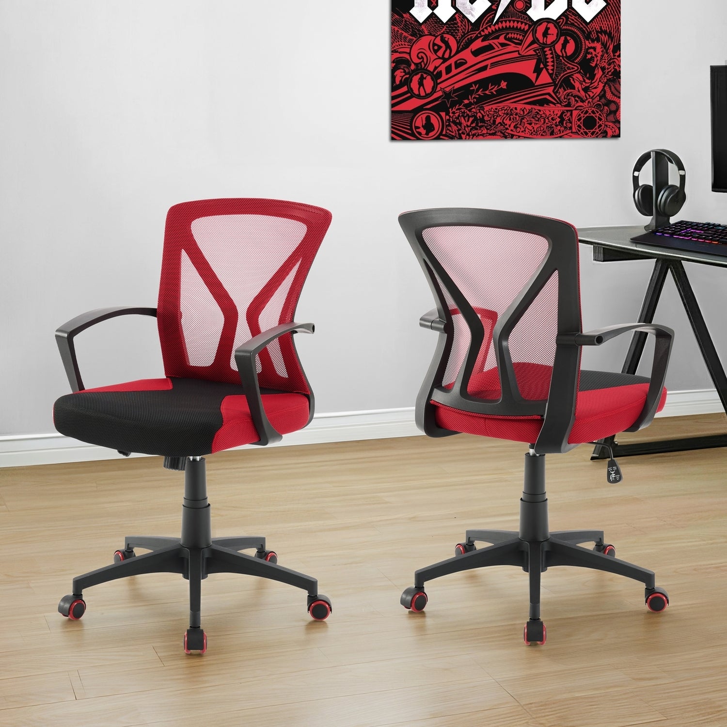 Contemporary Red Mesh Office Chair with Adjustable Height, Swivel, Ergonomic Design, Black Metal Frame, Modern Work Desk Chai