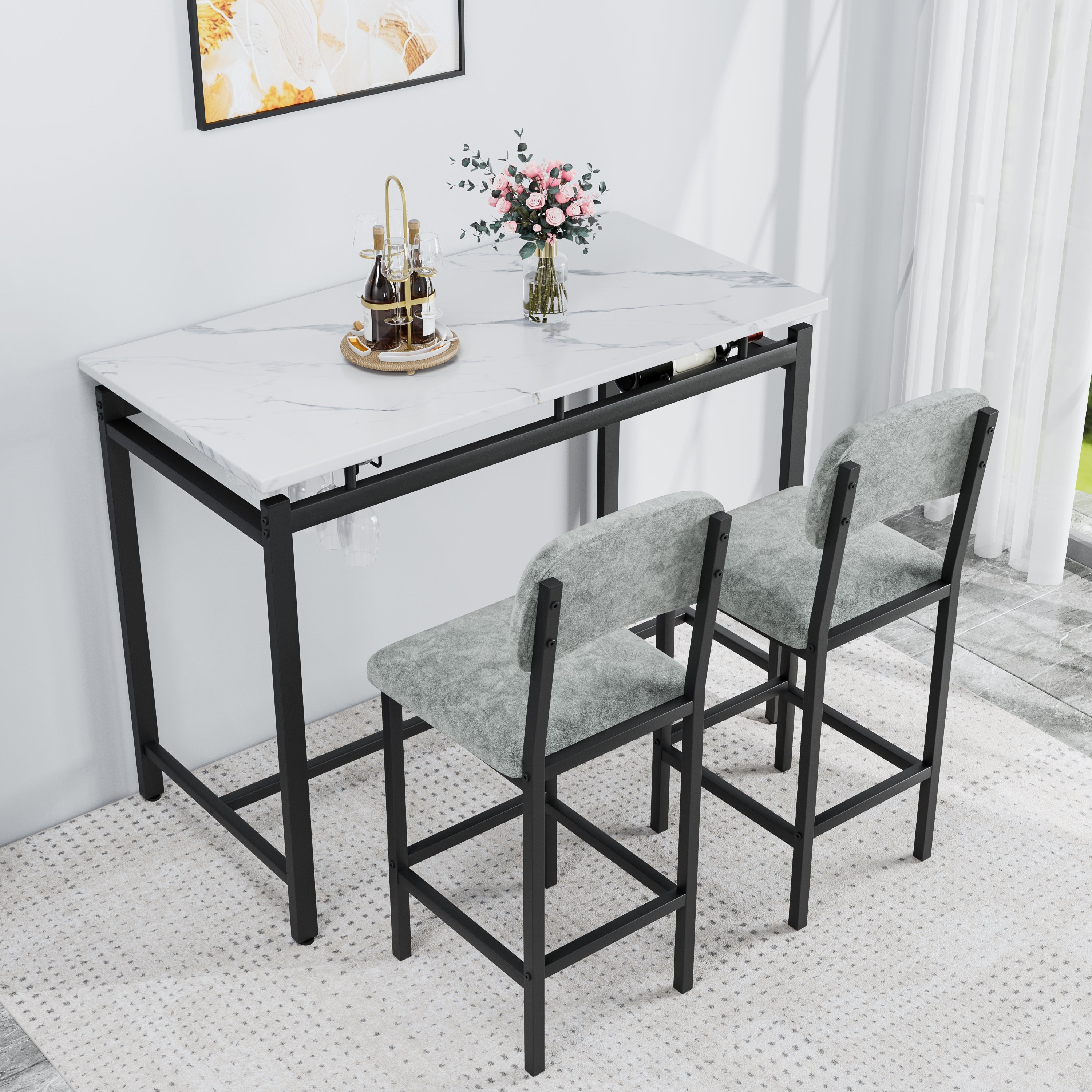 Modern Dining Table and Chairs for 2, Marble Finishes Dining Table Set with 2 Upholstered Chairs, Kitchen Table Set Bar Pub Set for Breakfast Nook, Dining Room, Rustic Black, Grey Chair - Grand Goldman Shop