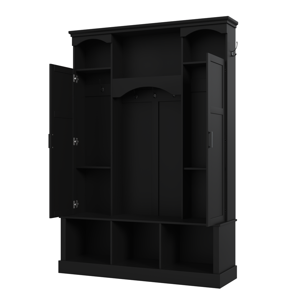 ON-TREND Modern All-in-One Hall Tree with Adjustable Shelves, Classic Arched Farmhouse Storage Bench with Dual Side Cabinets, Elegant Entryway Organizer with 7 Hooks for Mudroom, Hallway, Black - Grand Goldman Shop