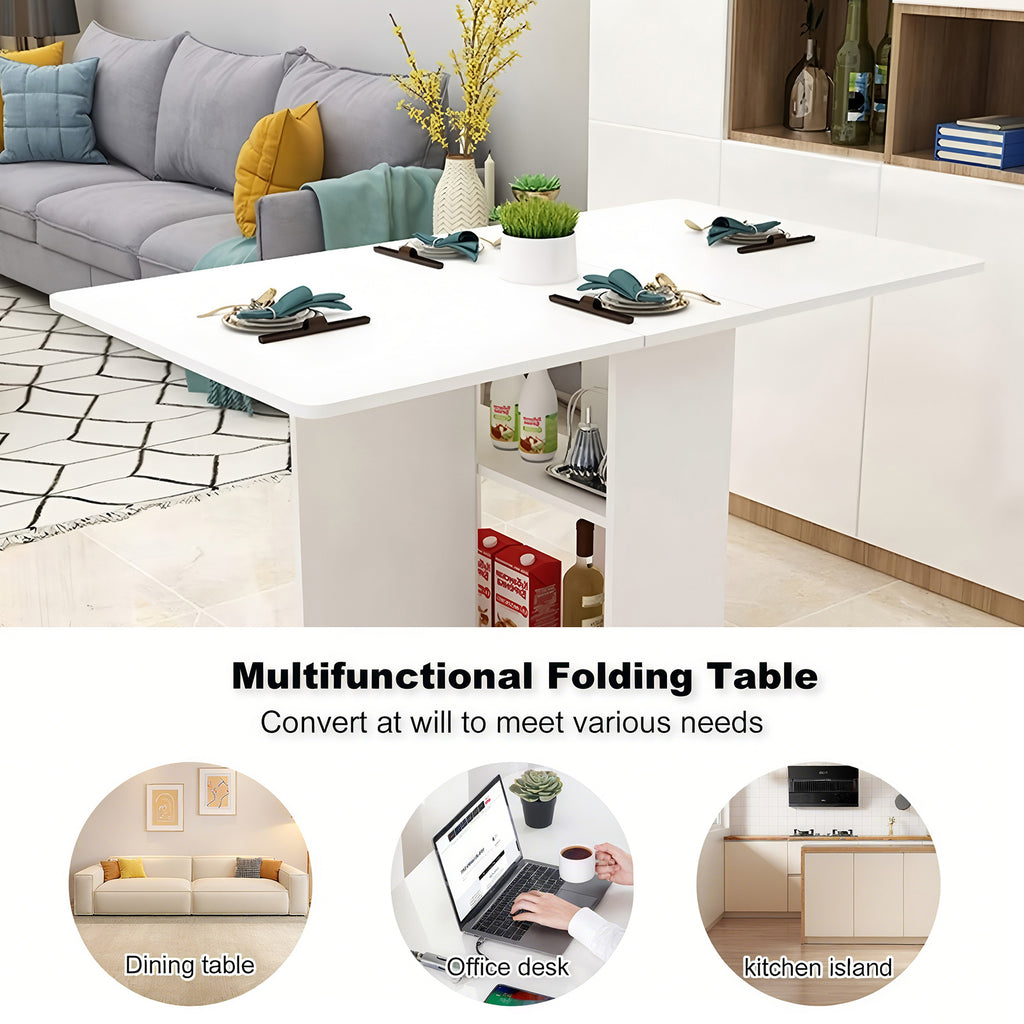 Folding Drop Leaf Dining Table with 6 Wheels and 2-Layer Storage Shelf, Space Saving Table for Small Spaces, 47.2 inch D x 23.6 inch W x 30.3 inch H, White - Grand Goldman Shop