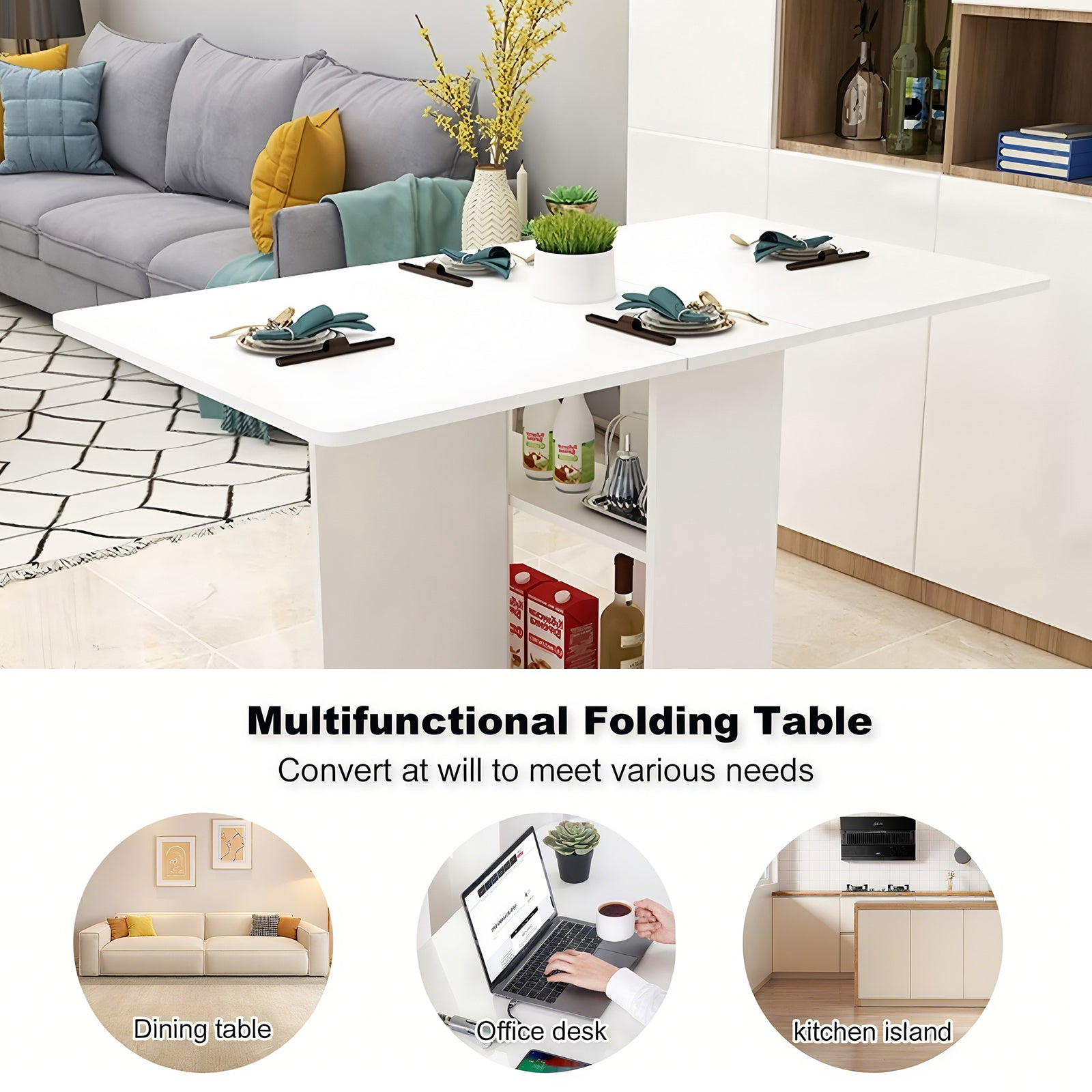 Folding Drop Leaf Dining Table with 6 Wheels and 2-Layer Storage Shelf, Space Saving Table for Small Spaces, 47.2 inch D x 23.6 inch W x 30.3 inch H, White - Grand Goldman Shop