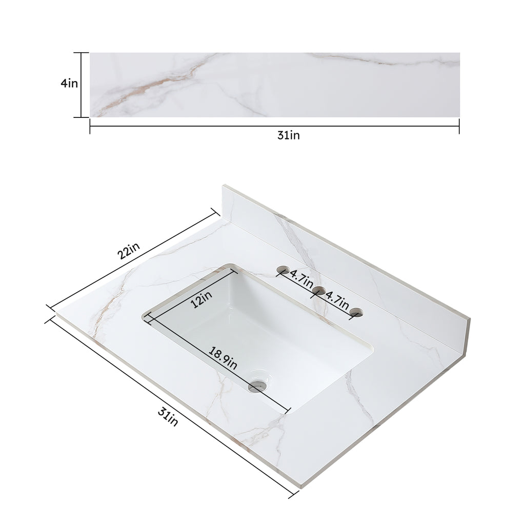Montary 31inch bathroom vanity top stone carrara gold  new style tops with rectangle undermount ceramic sink  and back splash with 3 faucet hole  for bathrom cabinet - Grand Goldman Shop