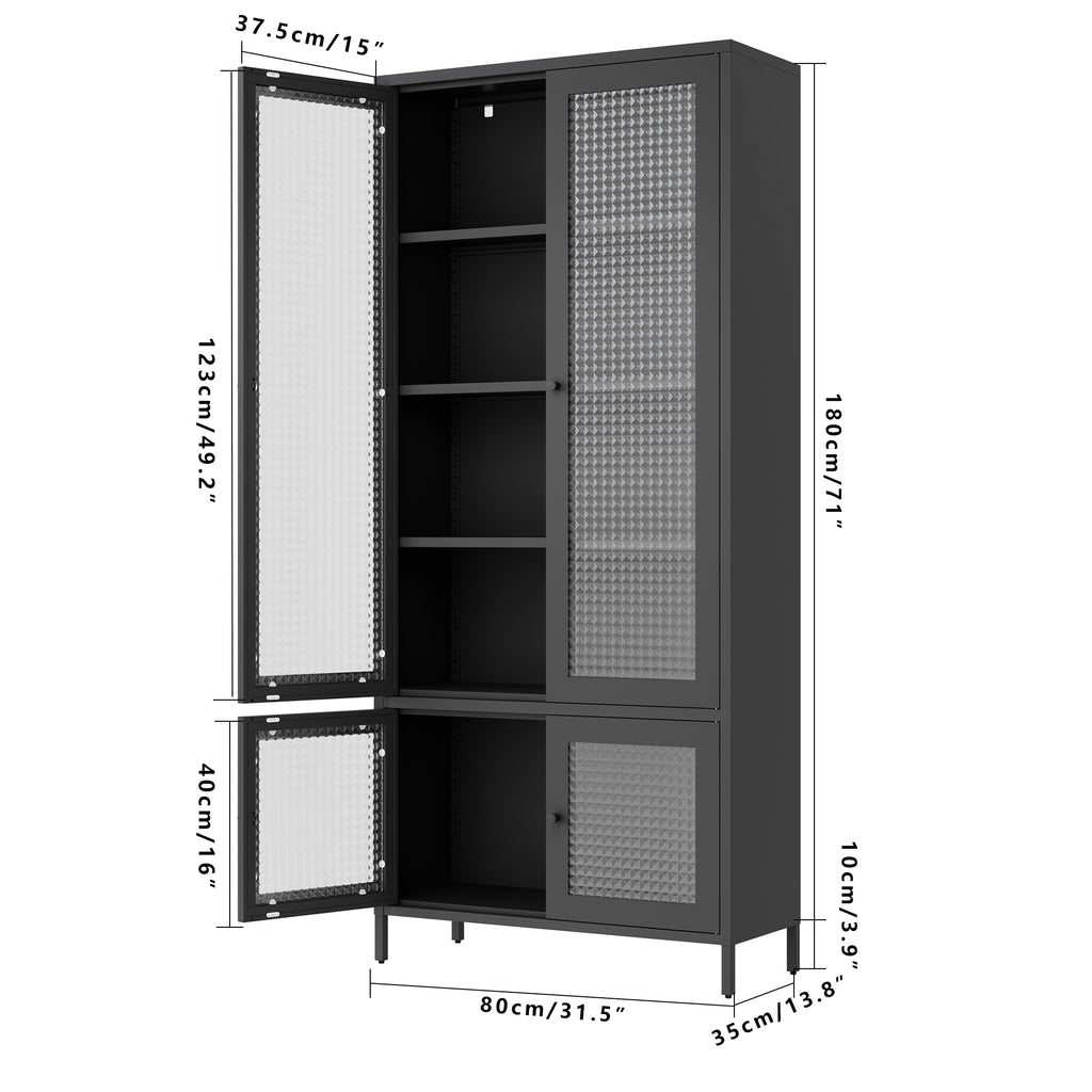 Large Metal Storage Cabinet Display Cabinet with 4 Glass Doors 5 Shelves Side Cabinet Bookcase Freestanding Cabinet for Bedro