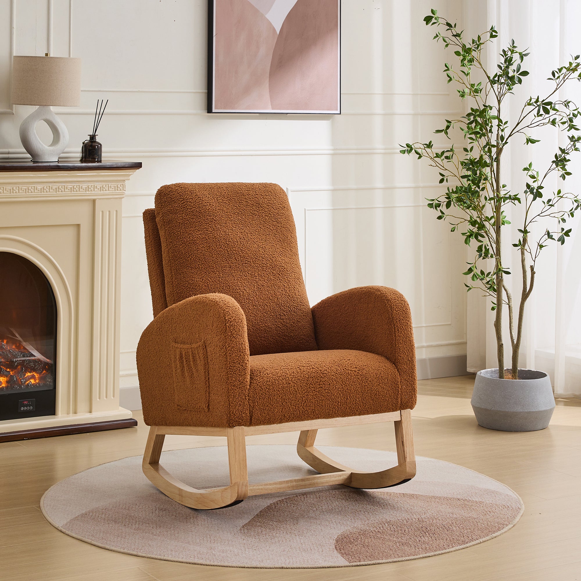 27.2'W Rocking Chair for Nursery, Sherpa Glider Chair with High Back and Side Pocket, Rocking Accent Armchair with Rubber Wood Legs for Living Room/Bedroom.Caramel - Grand Goldman Shop