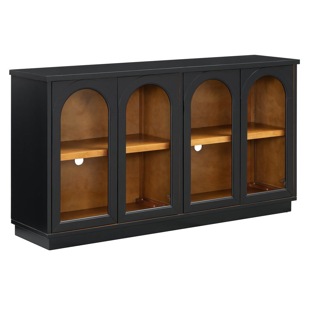 TREXM 4-Door Large Storage Buffet Cabinet with Glass Doors, Arched Cabinet with Adjustable Shelves for Kitchen, Dining Room and Living Room (Black) - Grand Goldman Shop