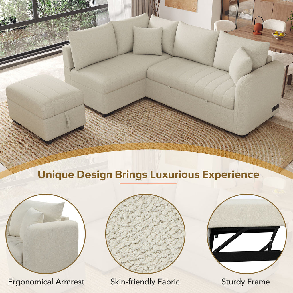 Modern L-shaped Sectional Pull Out Sofa Bed with USB Ports and Storage Ottoman, Beige, Jacquard Fabric, 82.6' - Grand Goldman Shop