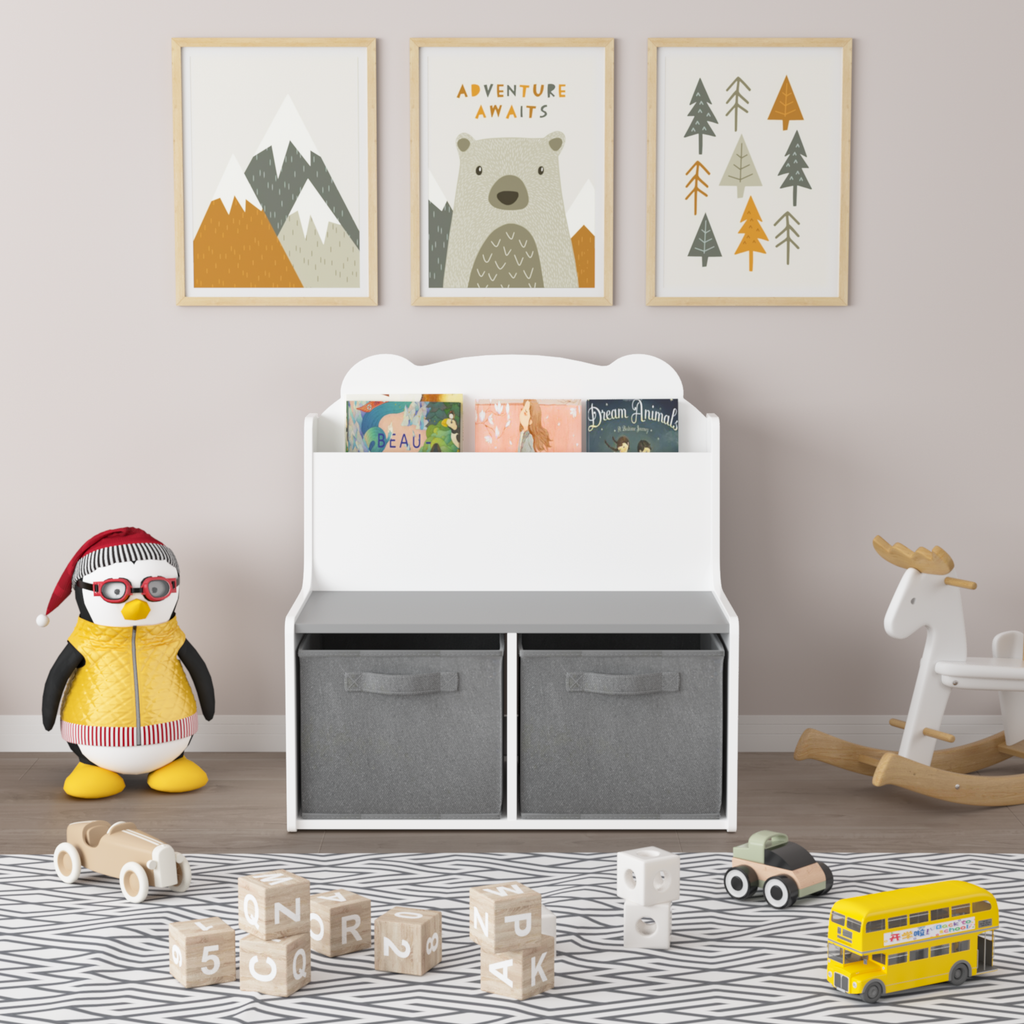 Kids Bookshelf with Storage Bins – Wooden Bookcase with Book Display Shelf and 2 Fabric Bins, Cute Bear-Shaped Backboard, Toy