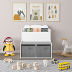 Kids Bookshelf with Storage Bins – Wooden Bookcase with Book Display Shelf and 2 Fabric Bins, Cute Bear-Shaped Backboard, Toy
