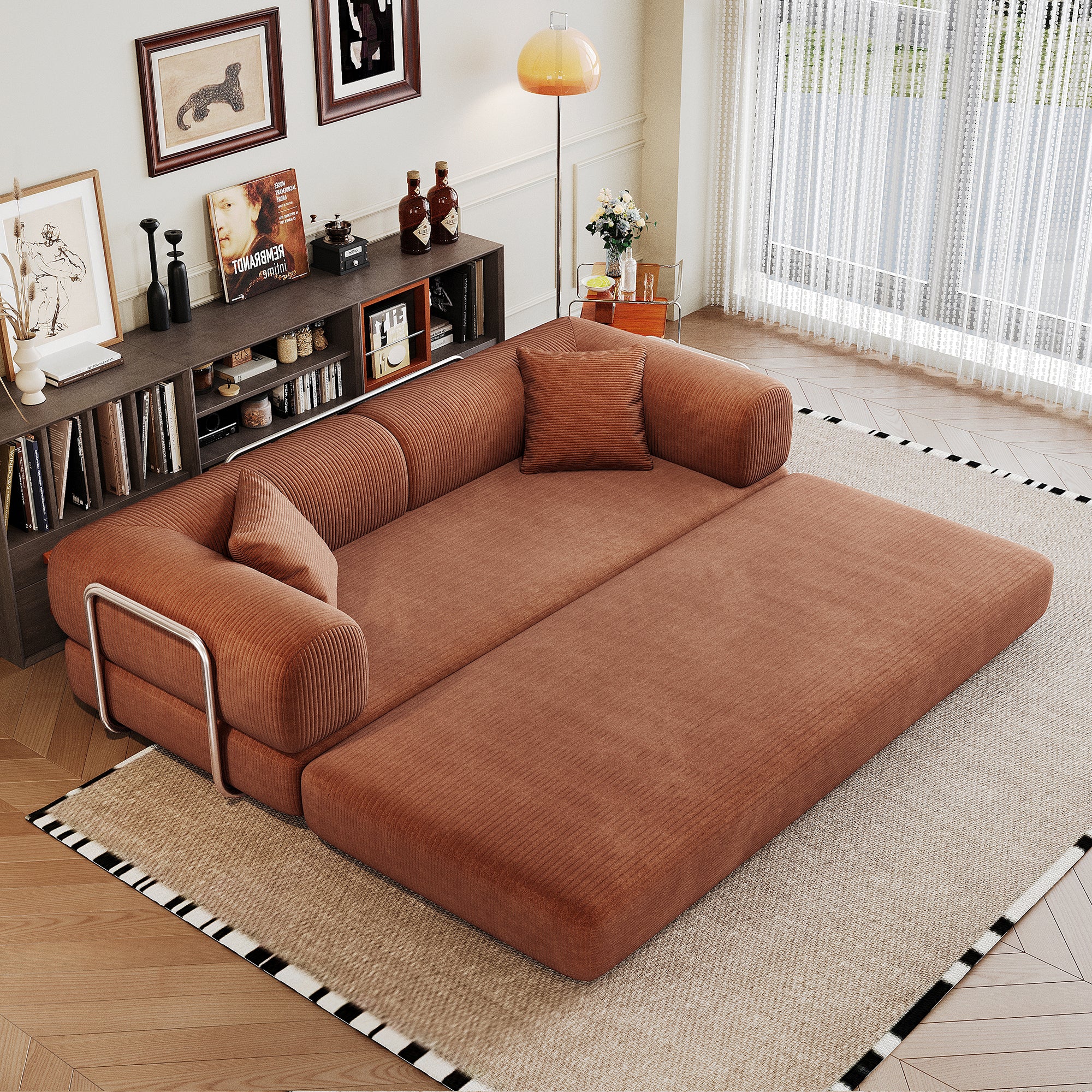 78.8' Compression Sofa,Convertible Floor Sofa Bed-with Pillow Back Support Armrest,Comfy Futon Couch Sleeper Bed,Loveseats Boneless Modular Sectional Sofa,Corduroy fabric,for Living Room,Bedroom,Brown - Grand Goldman Shop