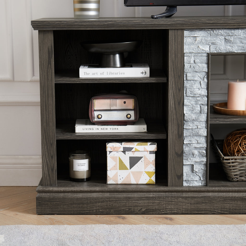Large TV Stand TV Desk Storage Rack with Faux Stacked Stone Surround,Media Console Table with Large Storage Cabinet,Modern TV Media Entertaionment Stand,GREY, 70.12'W*15.35'D*25.83'H - Grand Goldman Shop
