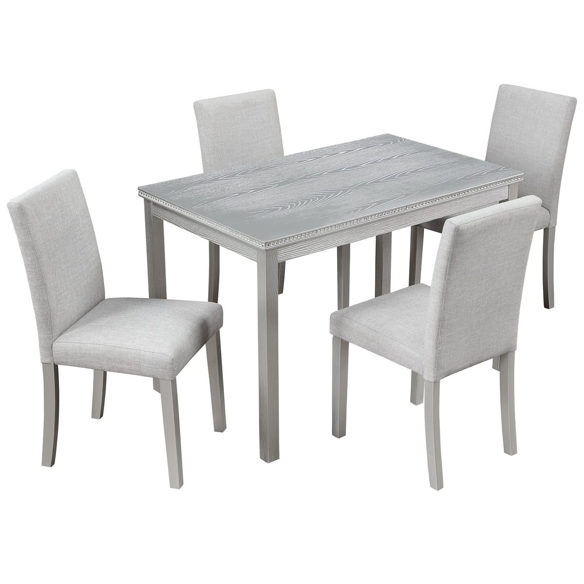 5 Piece Wooden Dining Table Set, Kitchen Table Set with a Rectangular Table and 4 Upholstered Chairs, Wooden Dining Room Table with Crystal Decoration and Chairs Set, Silver grey - Grand Goldman Shop