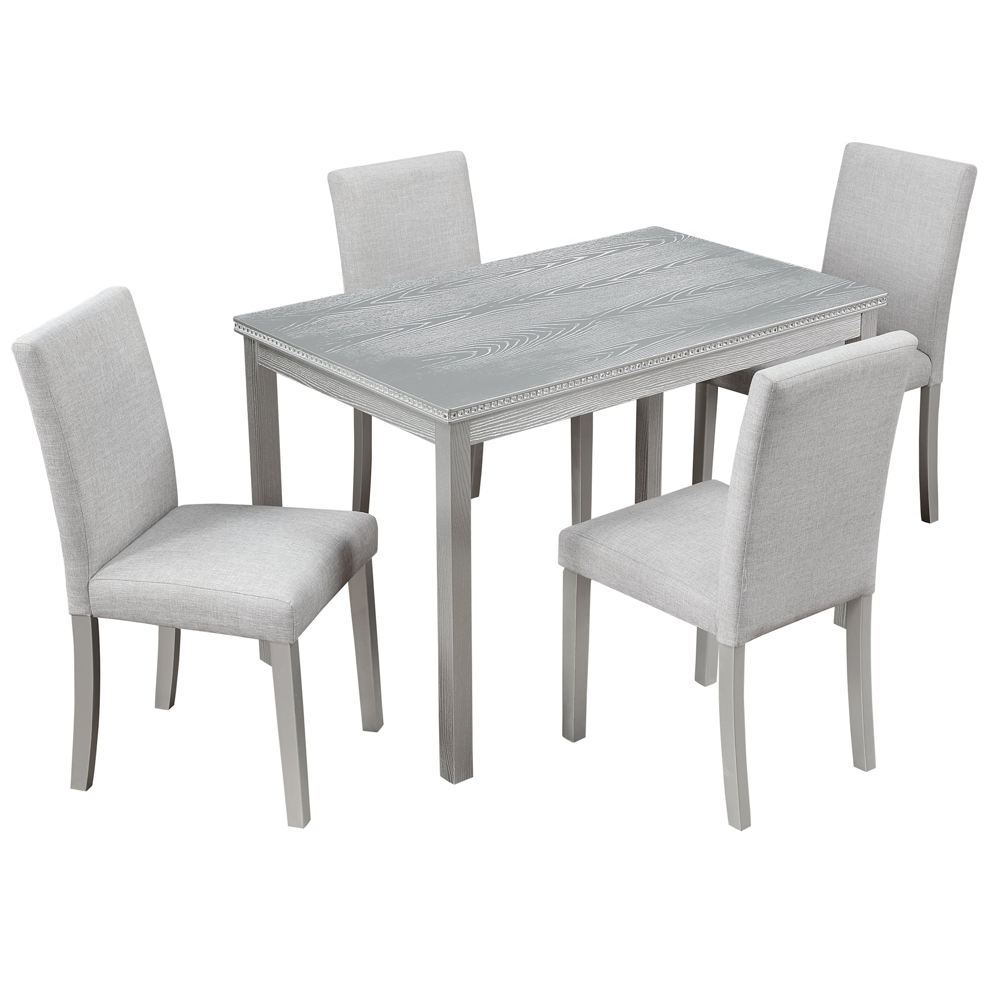 5 Piece Wooden Dining Table Set, Kitchen Table Set with a Rectangular Table and 4 Upholstered Chairs, Wooden Dining Room Table with Crystal Decoration and Chairs Set, Silver grey - Grand Goldman Shop