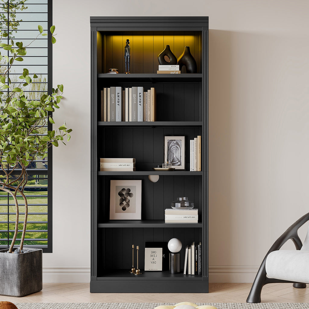 83.4' Tall Wood Bookcase with light strip,5-Tier Decor Bookshelves with Adjustable Shelves,Storage Organizer for CDs/Books/Mo