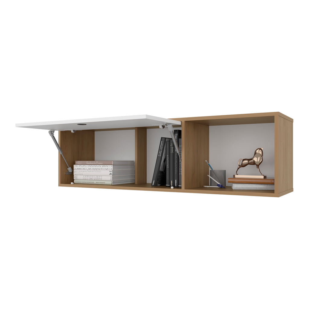 Roslyn Wall-Mounted Cabinet with Lift-Up Door, Open Compartments, Natural Oak and White - Grand Goldman