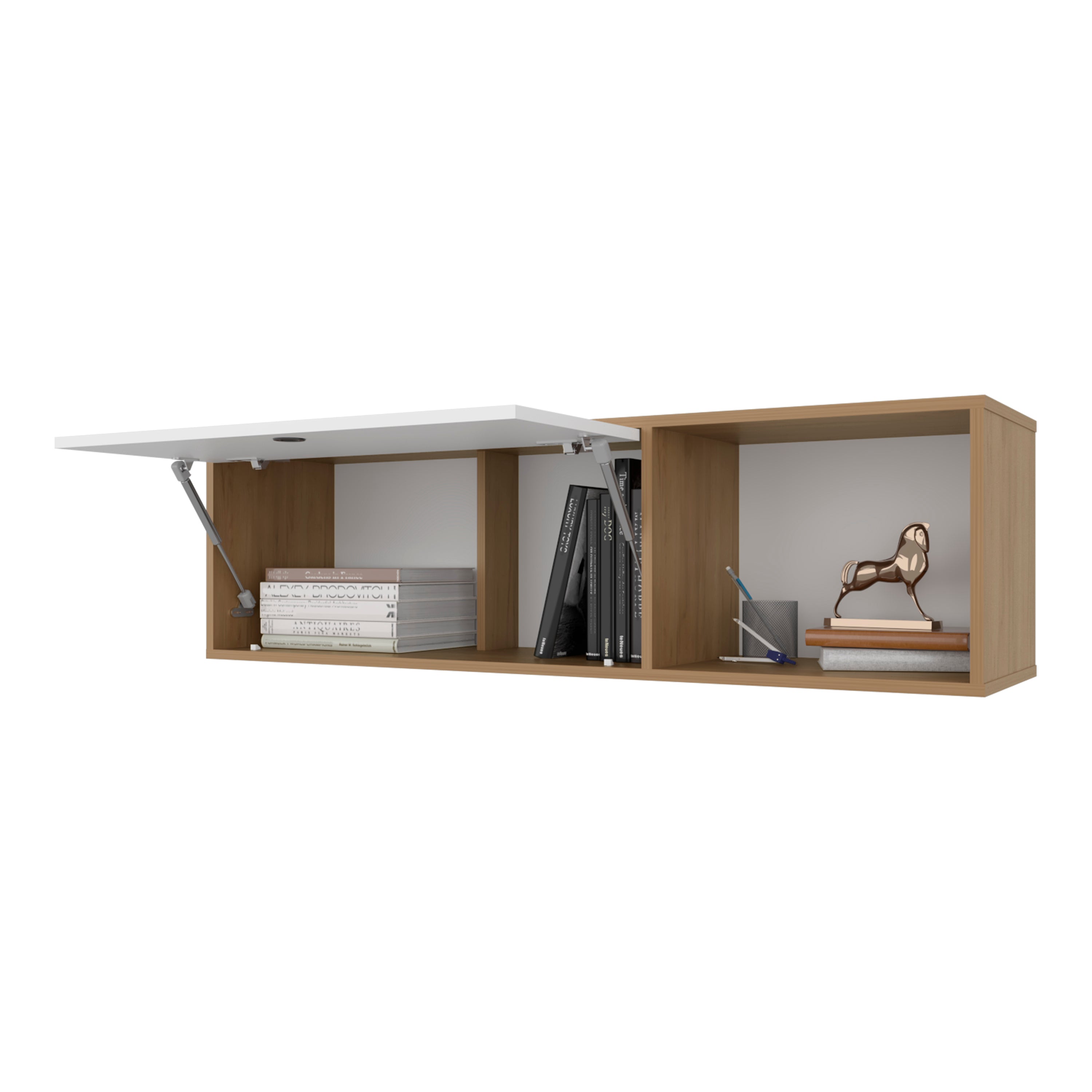 Roslyn Wall-Mounted Cabinet with Lift-Up Door, Open Compartments, Natural Oak and White - Grand Goldman