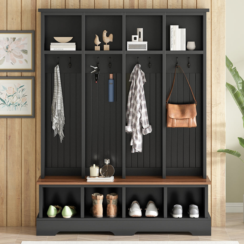 Farmhouse Hall Tree with 8 Hooks, Practical Entryway Bench with Open Compartments, 76.7'H Modern 3-in-1 Wooden Style Coat and Shoe Rack for Mudroom, Living Room, Black (OLD SKU: N721P292601B) - Grand Goldman Shop