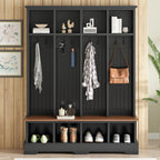 Farmhouse Hall Tree with 8 Hooks, Practical Entryway Bench with Open Compartments, 76.7'H Modern 3-in-1 Wooden Style Coat and Shoe Rack for Mudroom, Living Room, Black (OLD SKU: N721P292601B) - Grand Goldman Shop