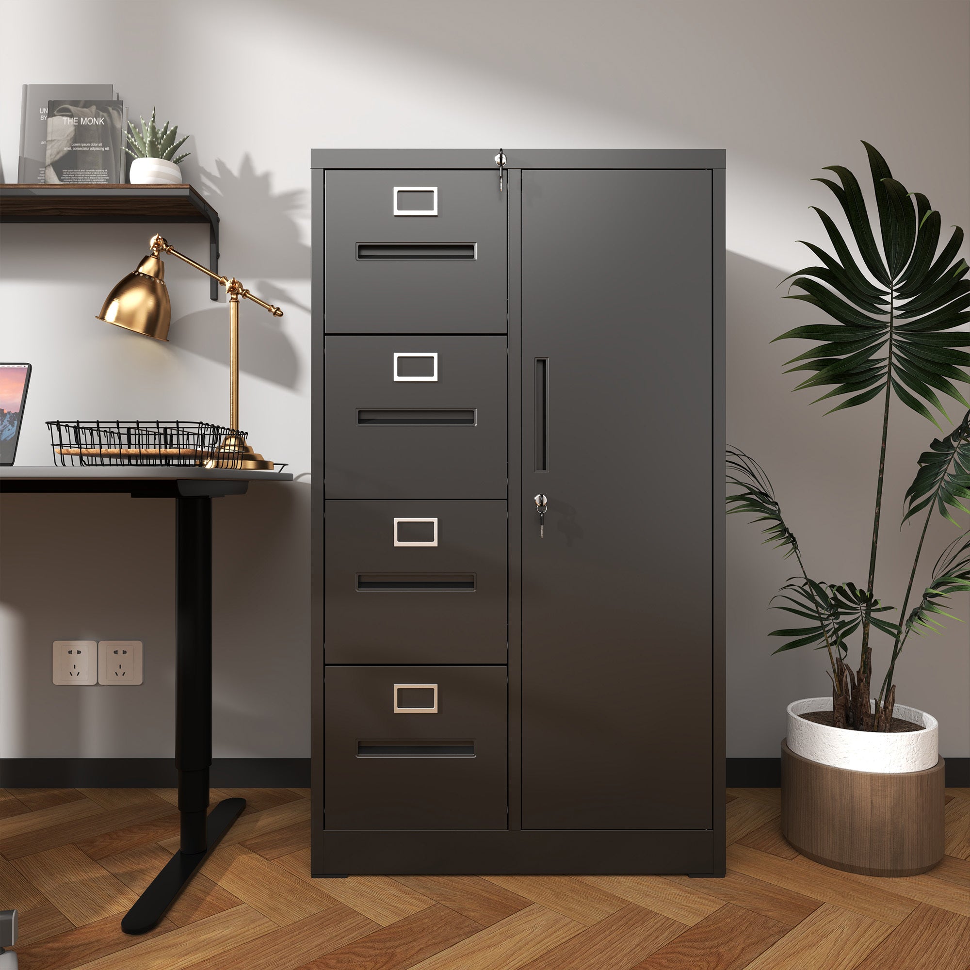 Metal Storage Vertical Filing Cabinet with Lock, Steel File Locker with 4 Drawers and 1 door for School, Living Room, Bedroom